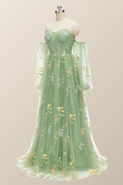 Puff Long Sleeves Green Floral Corset Long Formal Dress