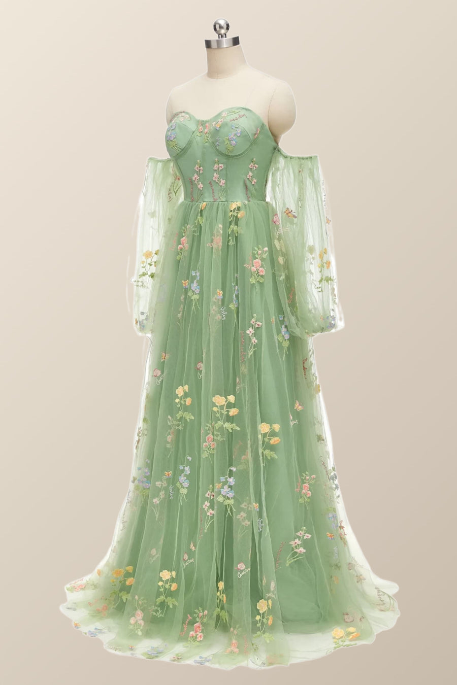 Puff Long Sleeves Green Floral Corset Long Formal Dress
