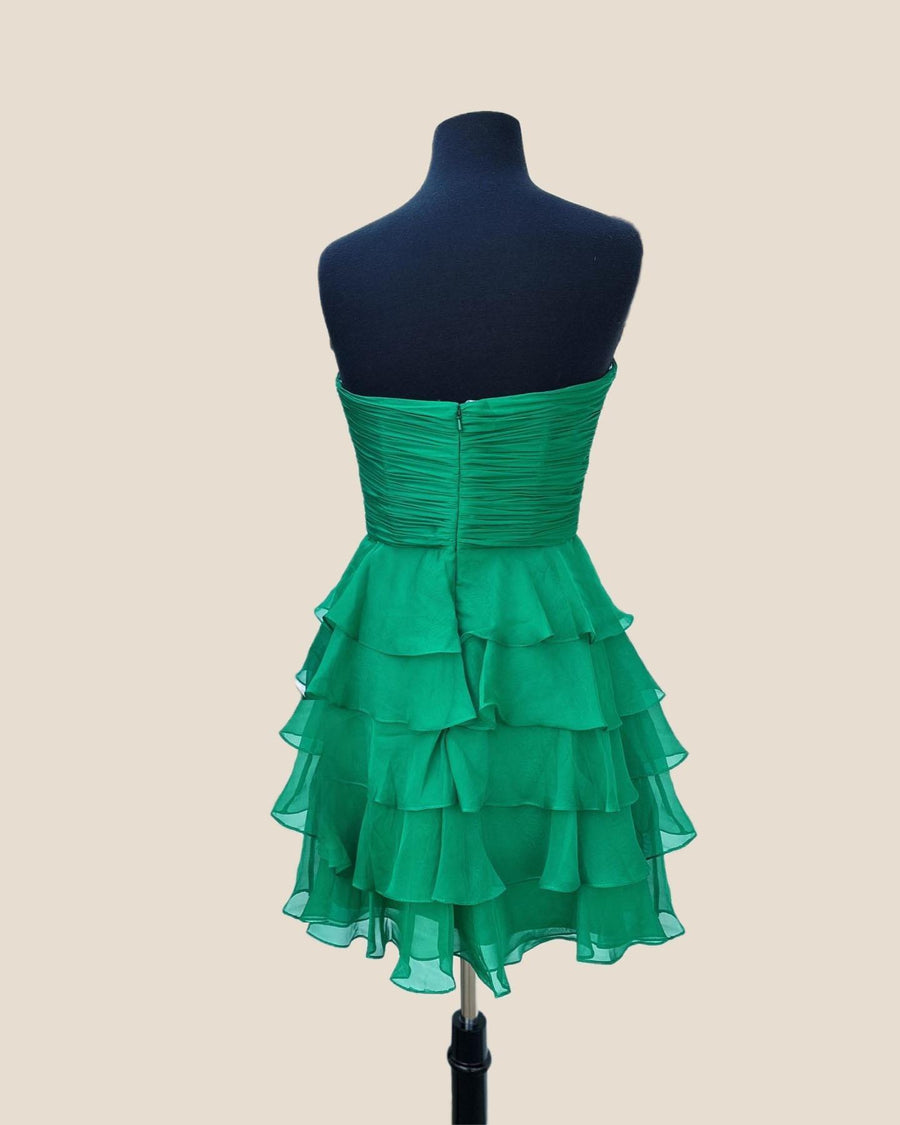 Strapless Hot Pink Chiffon Bow Ruffle Short Dress