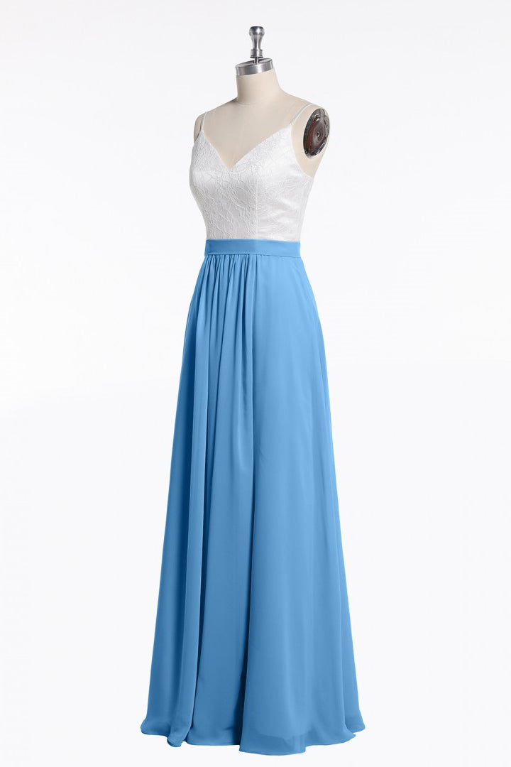 Spaghetti Straps White and Green Chiffon Long Bridesmaid Dress