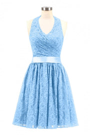 Halter Wine Red Lace Short A-line Bridesmaid Dress