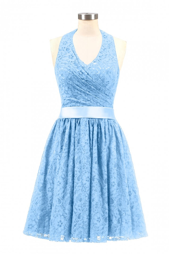 Halter Wine Red Lace Short A-line Bridesmaid Dress
