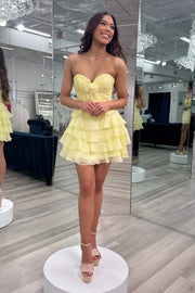 Strapless Hot Pink Chiffon Bow Ruffle Short Dress