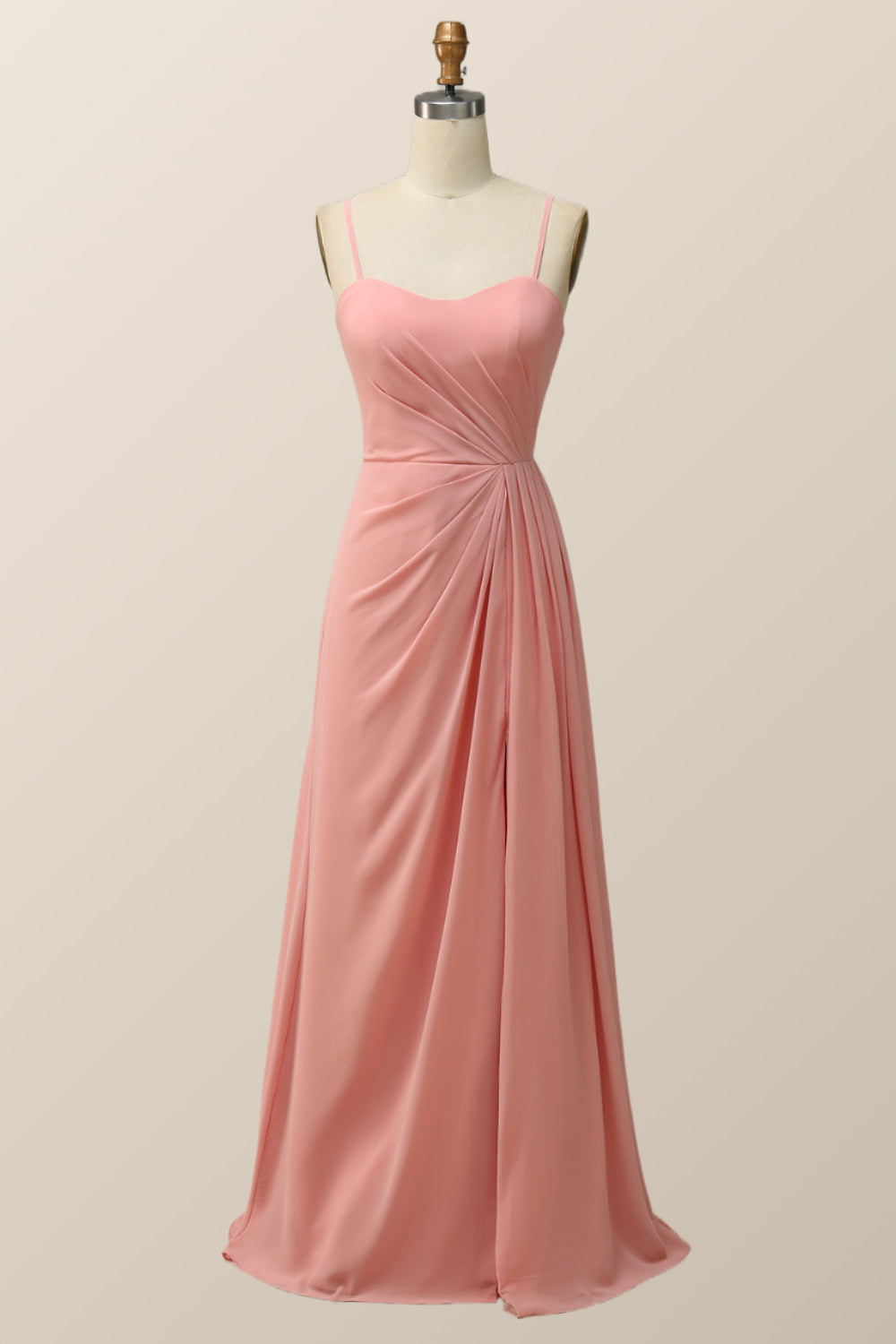Spaghetti Straps Blush Pink Chiffon A-line Long Bridesmaid Dress