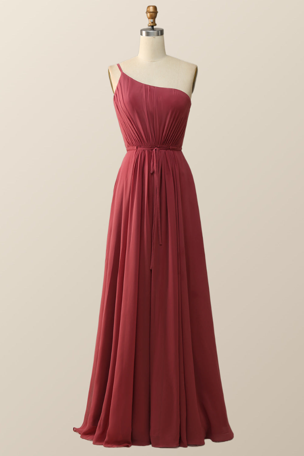 One Shoulder Terracotta Chiffon Long Bridesmaid Dress