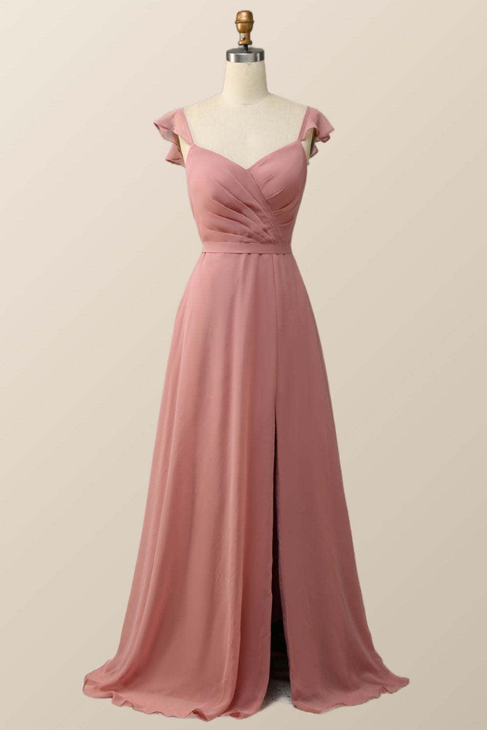 Blush Pink Ruffle Straps Chiffon Long Bridesmaid Dress