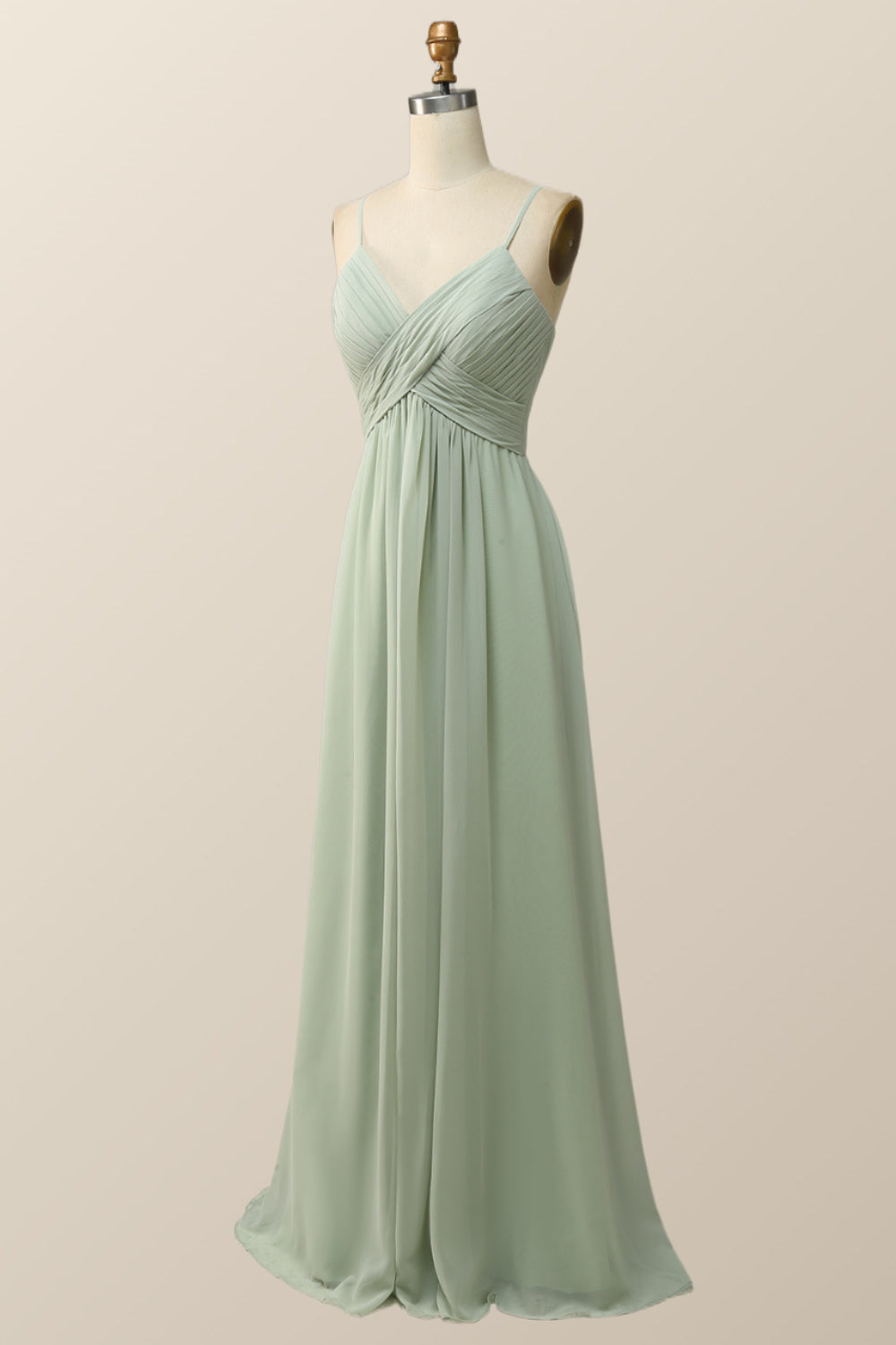Sage Green Pleated Straps Long Bridesmaid Dress