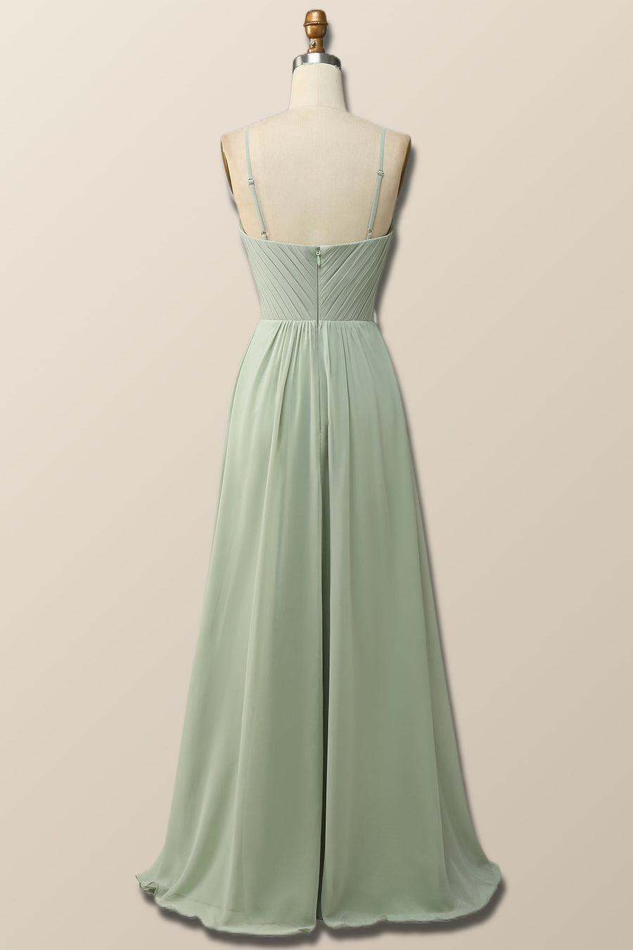 Sage Green Pleated Straps Long Bridesmaid Dress