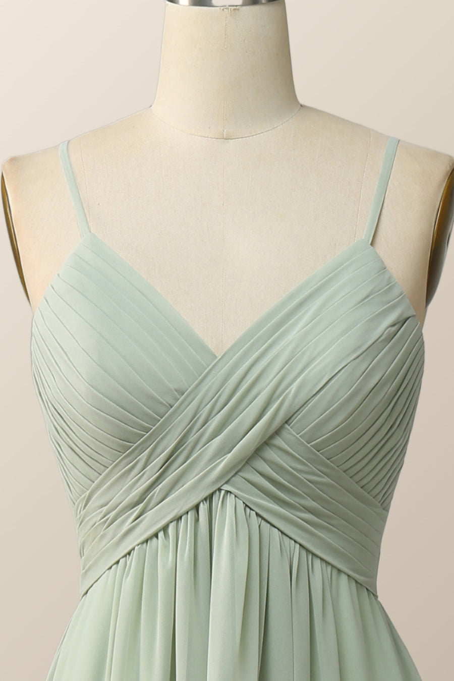 Sage Green Pleated Straps Long Bridesmaid Dress