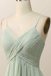 Sage Green Pleated Straps Long Bridesmaid Dress