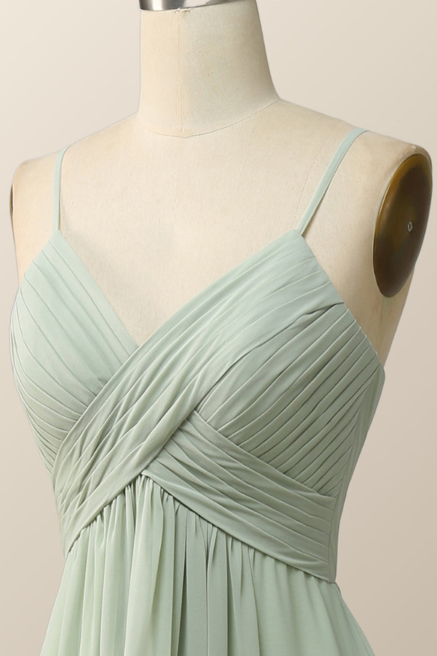 Sage Green Pleated Straps Long Bridesmaid Dress
