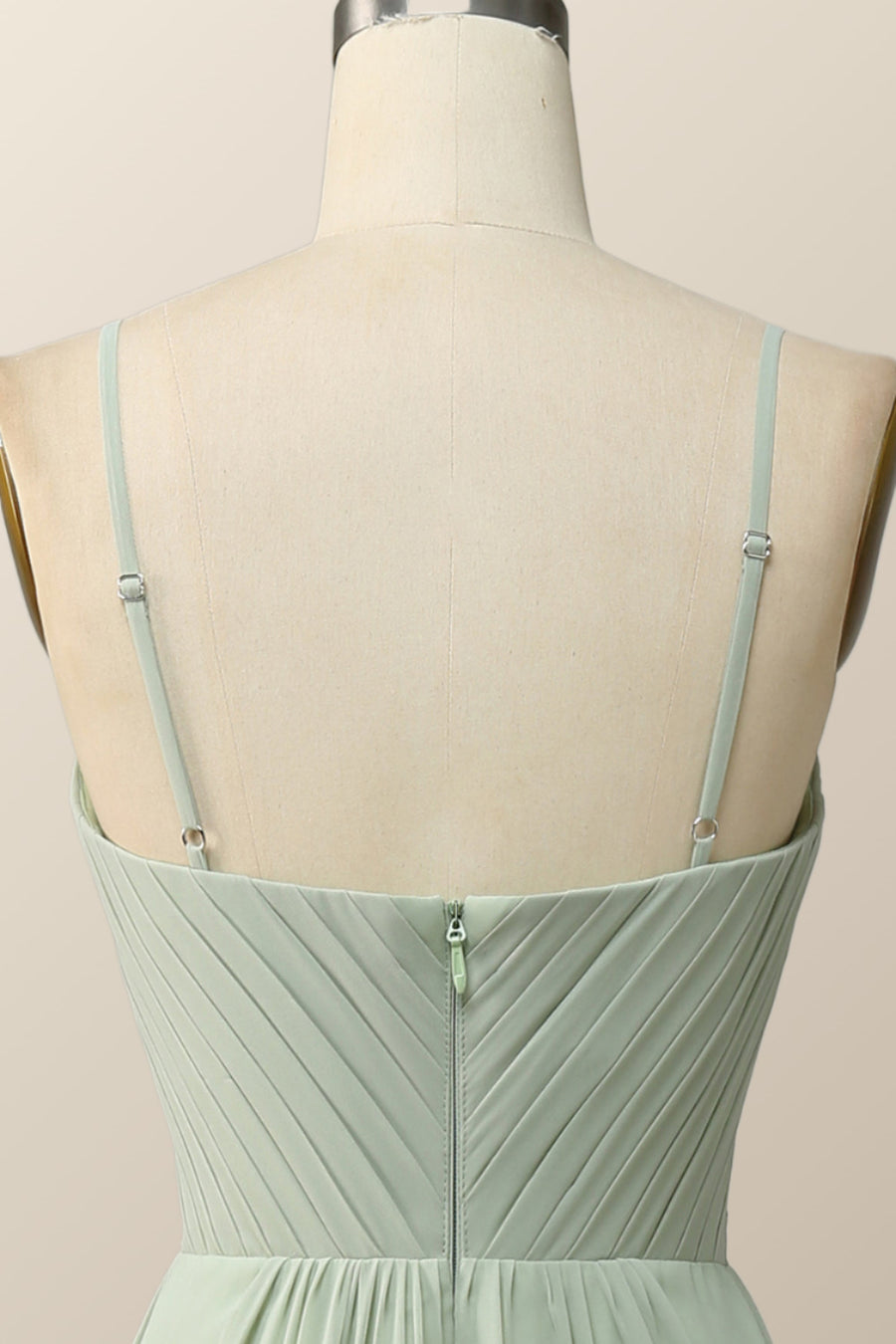 Sage Green Pleated Straps Long Bridesmaid Dress