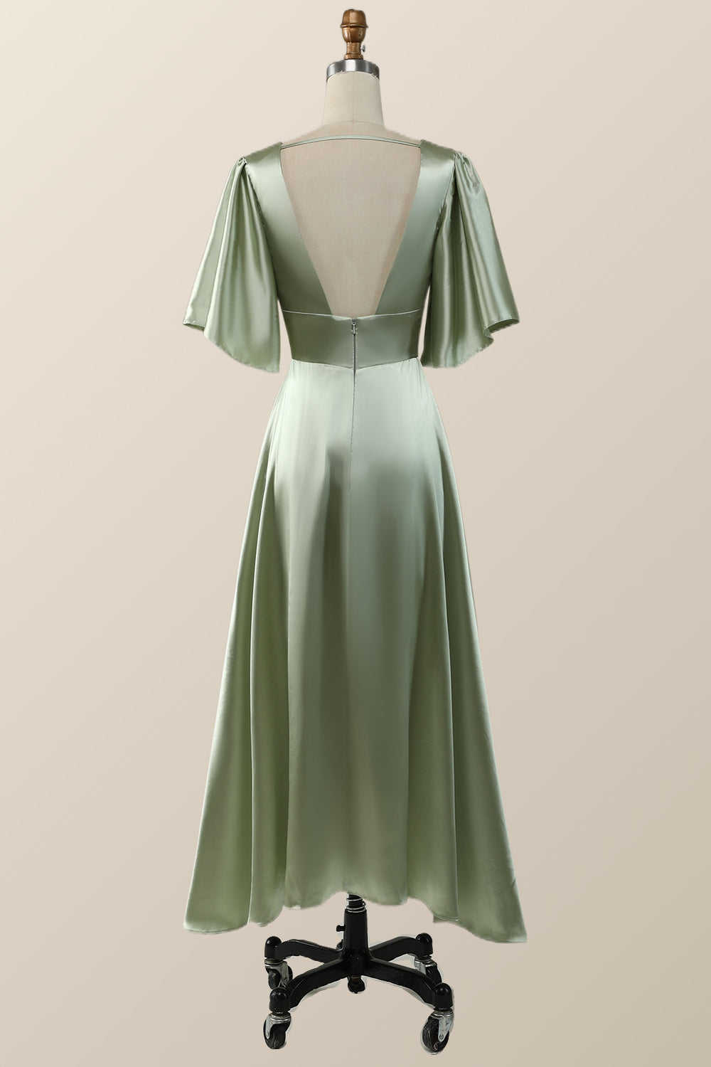 Flare Sleeves Green Empire Midi Bridesmaid Dress