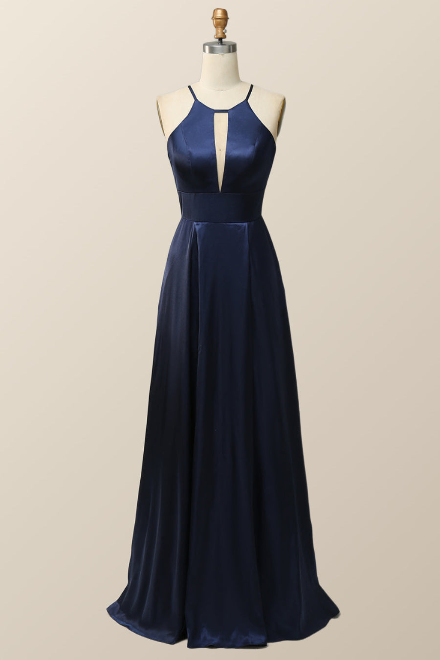 Scoop Navy Blue Halter Long Dress with Keyhole