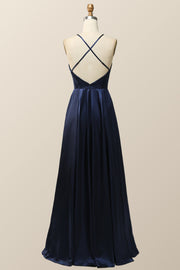 Scoop Navy Blue Halter Long Dress with Keyhole