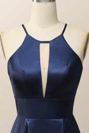 Scoop Navy Blue Halter Long Dress with Keyhole