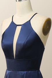 Scoop Navy Blue Halter Long Dress with Keyhole