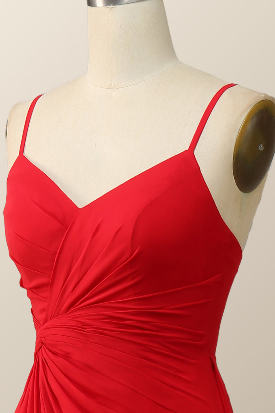 Straps Red Twisted Chiffon Long Bridesmaid Dress