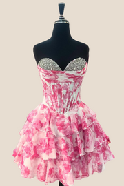 Beaded Neck Pink Floral Print Tiered Short Dress