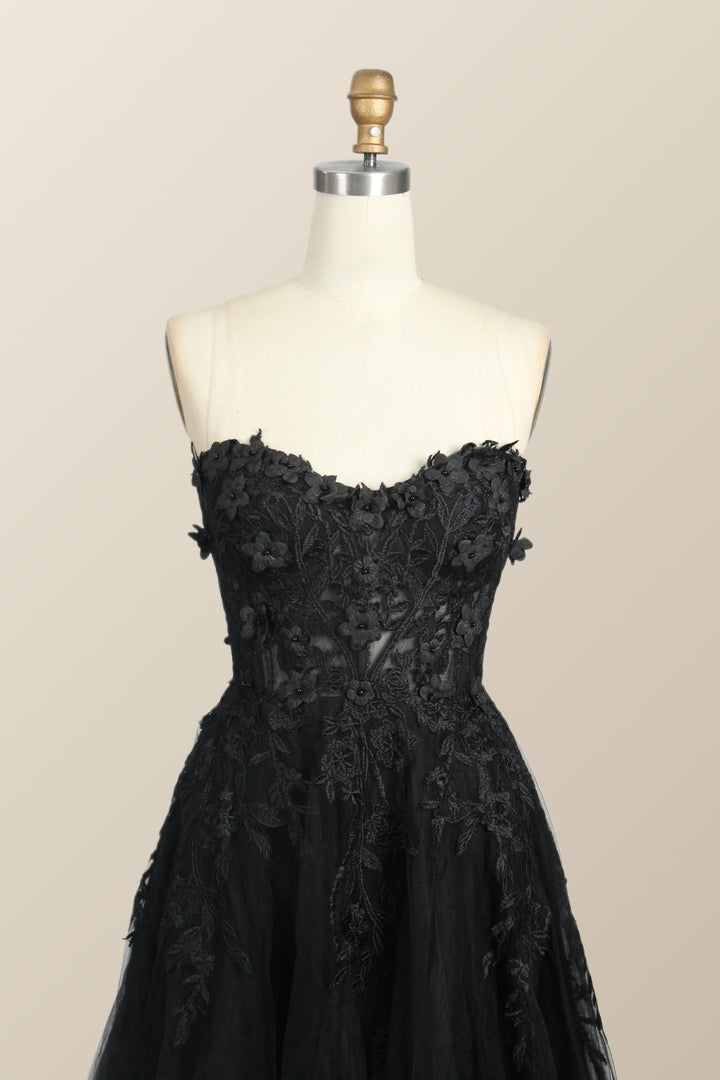 Black Floral Embroidery Strapless A-line Formal Dress
