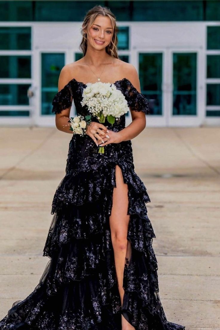 black ruffle dress long Black Sequin Tulle Mermaid Ruffles Long Prom Dress – Ohmollydress