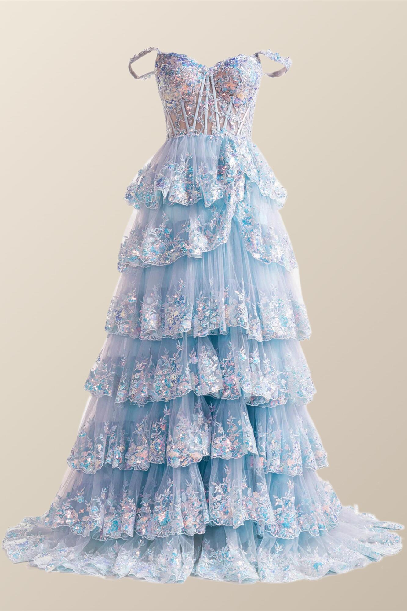 Off the Shoulder Light Blue Sequin Ruffles Long Formal Dress