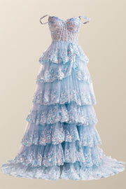 Off the Shoulder Light Blue Sequin Ruffles Long Formal Dress