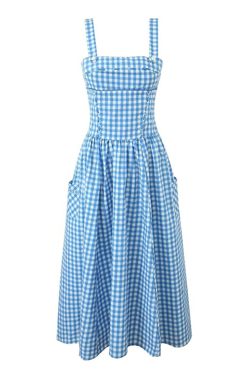 Blue and White Plaid Summer Dress with Pocket  Ohmollydress