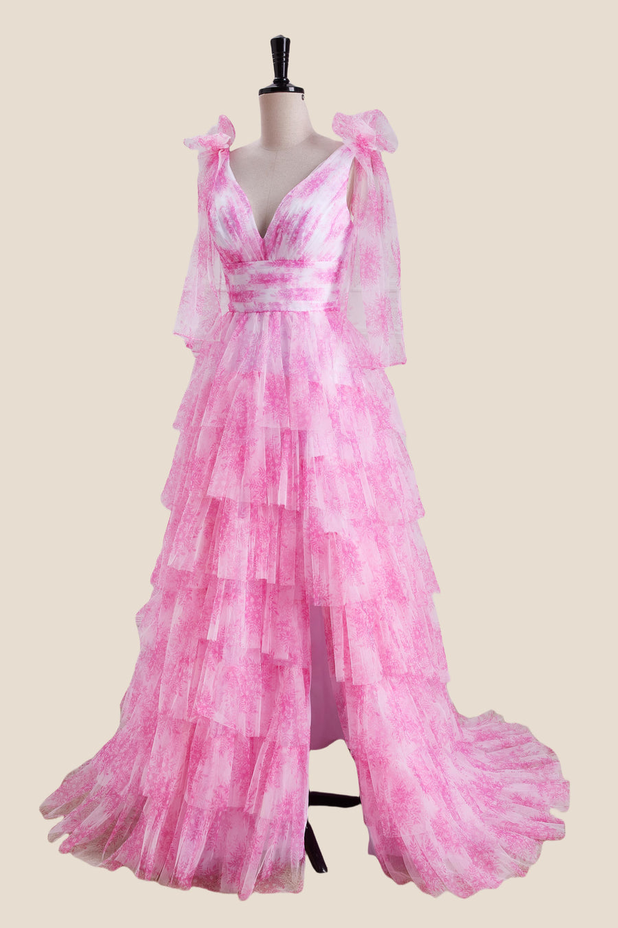 Bow Tie Pink Floral Print Tiered Long Dress