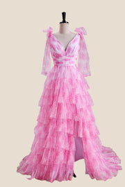 Bow Tie Pink Floral Print Tiered Long Dress