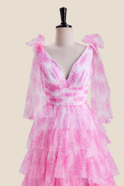 Bow Tie Pink Floral Print Tiered Long Dress
