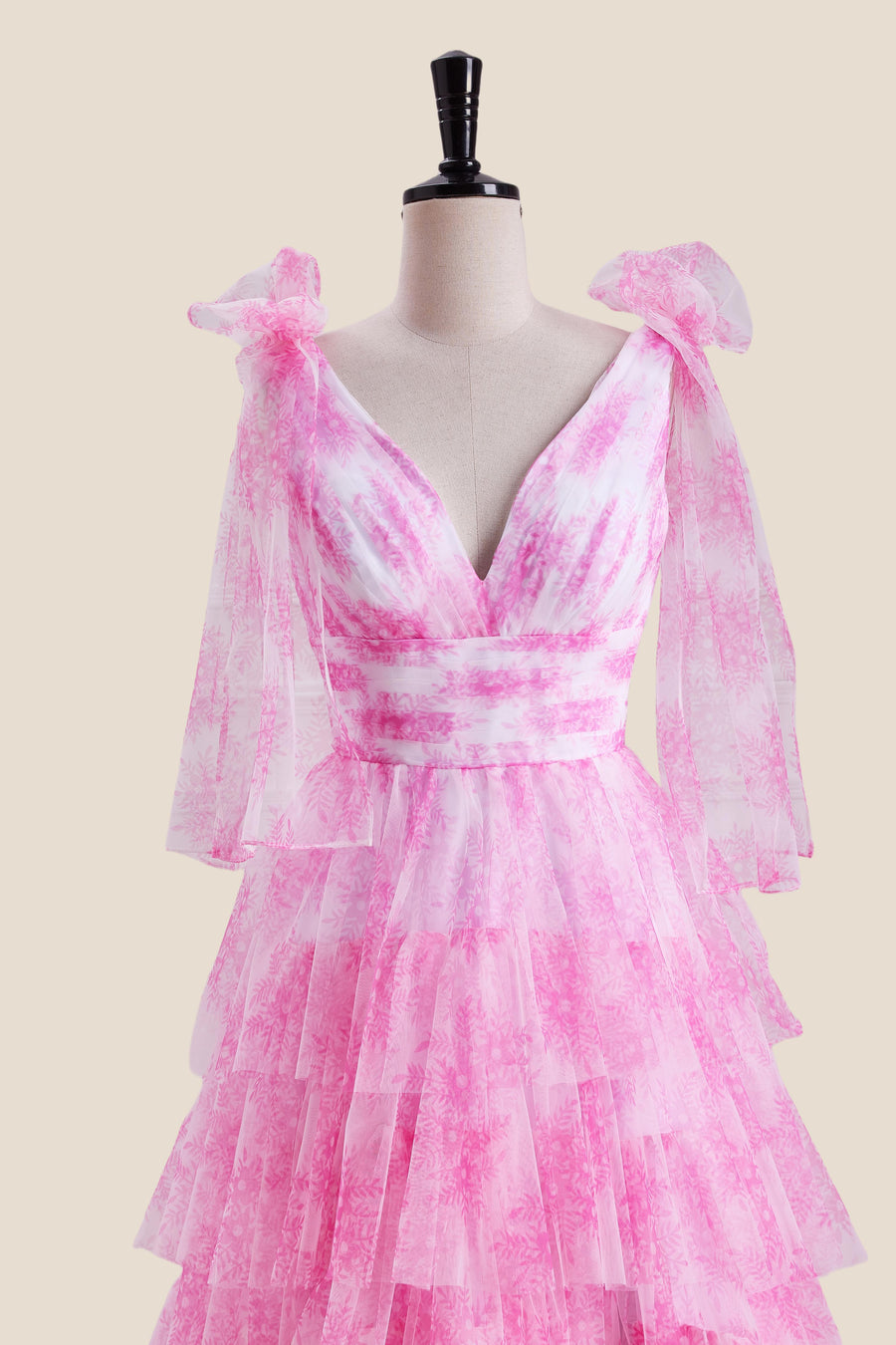 Bow Tie Pink Floral Print Tiered Long Dress