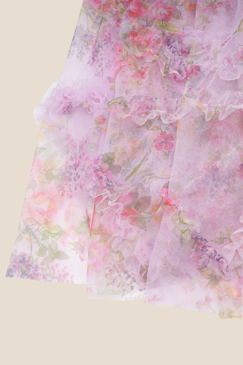 Bow Tie Purple Floral Print A-line Long Dress