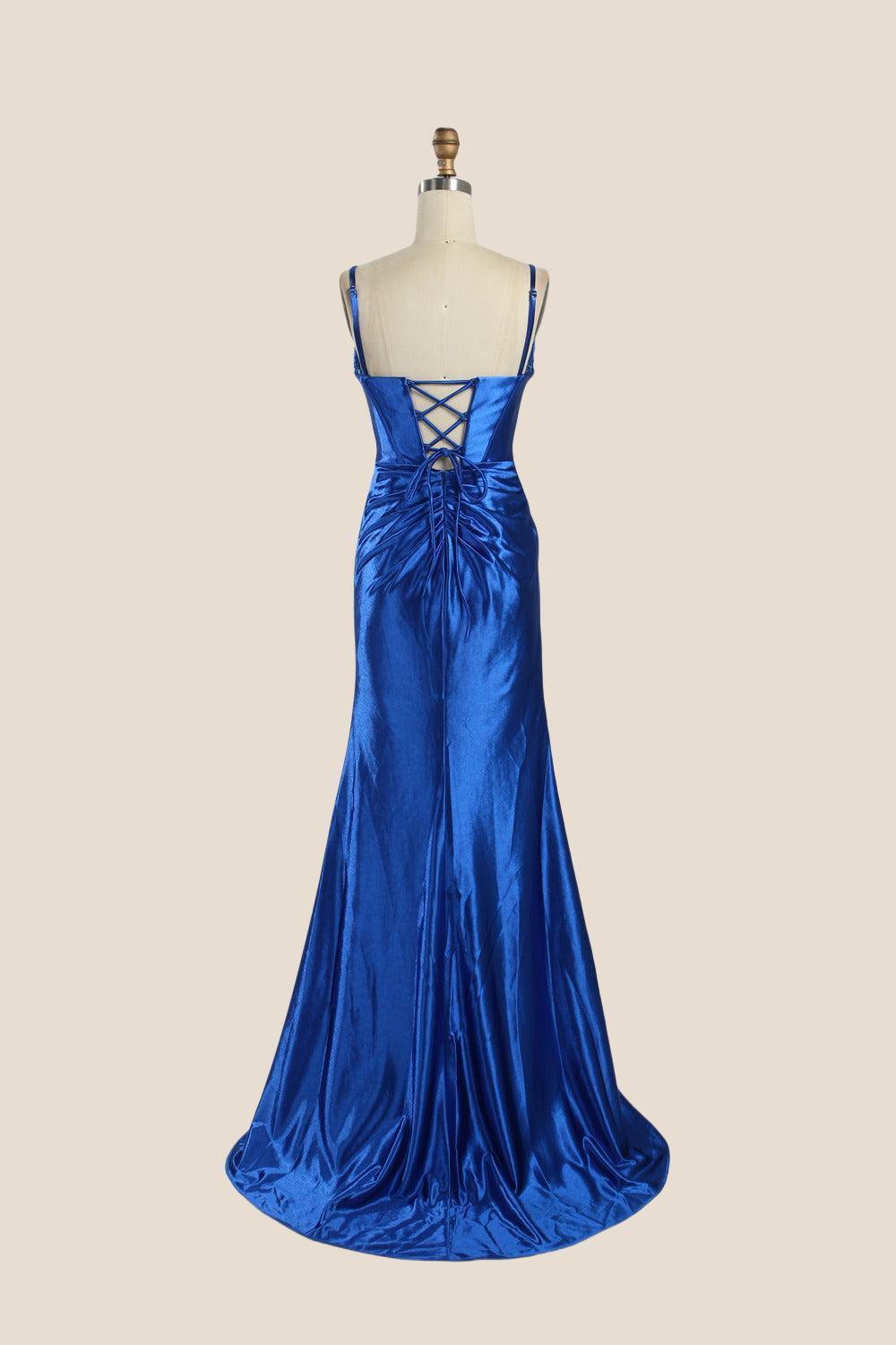 Cowl Neck Royal Blue Ruched Satin Long Dress