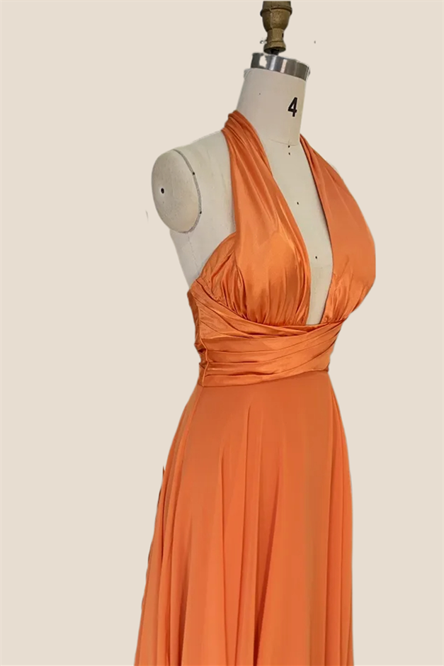 orange dress for party Cross Halter Orange Satin Long Party Dress – Ohmollydress