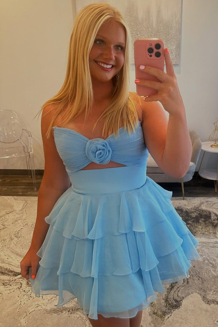 Strapless Green Pleated Tiered Short Dress with Rosette