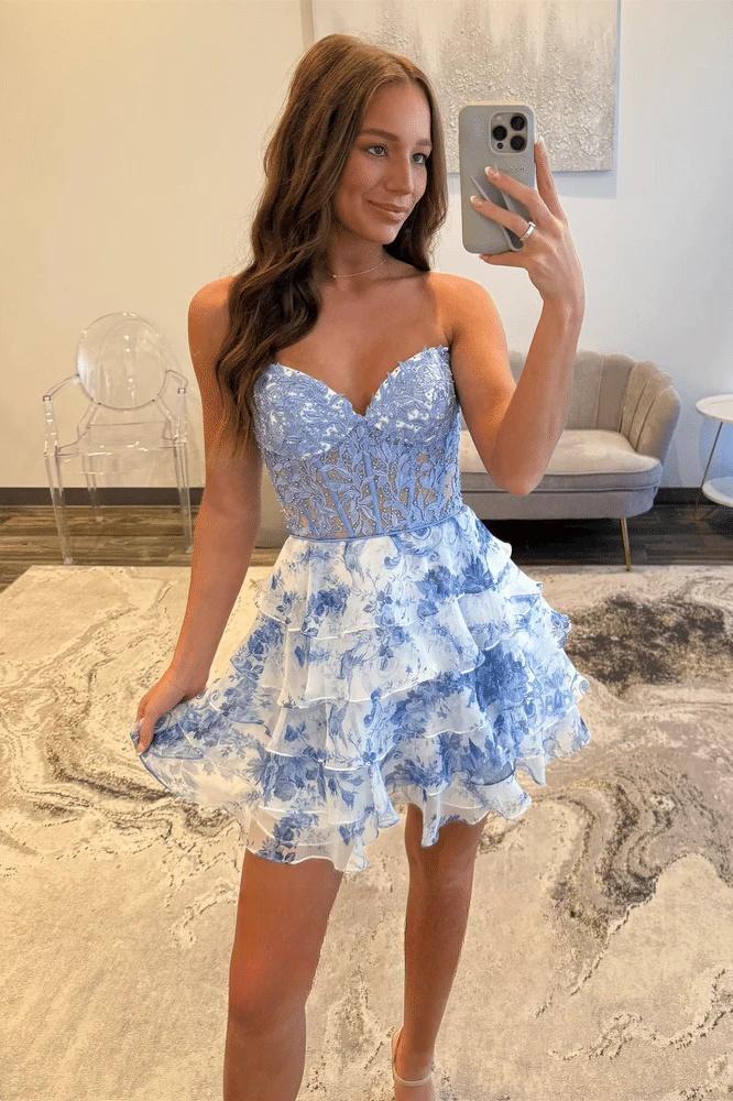 Blue Floral Appliques A-line Short Ruffle Dress