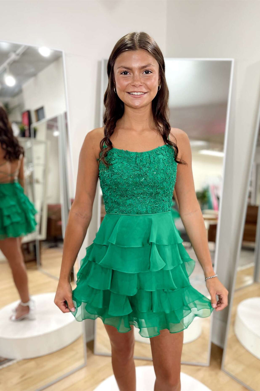 Square Neck Blue Appliques Tiered Short Dress