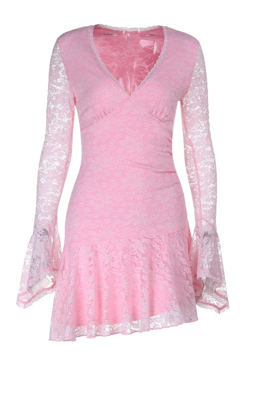 Long Sleeves Pink Lace Short Dress – Ohmollydress