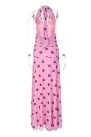 Pink Polka Dot Halter Long Dress
