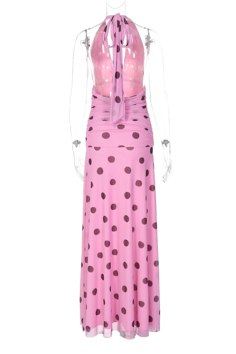 Pink Polka Dot Halter Long Dress