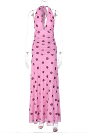 Pink Polka Dot Halter Long Dress