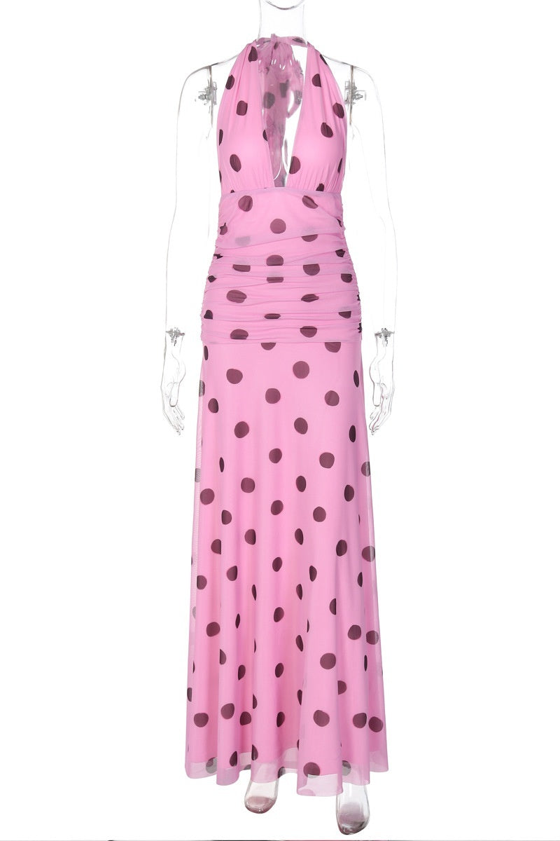Pink Polka Dot Halter Long Dress