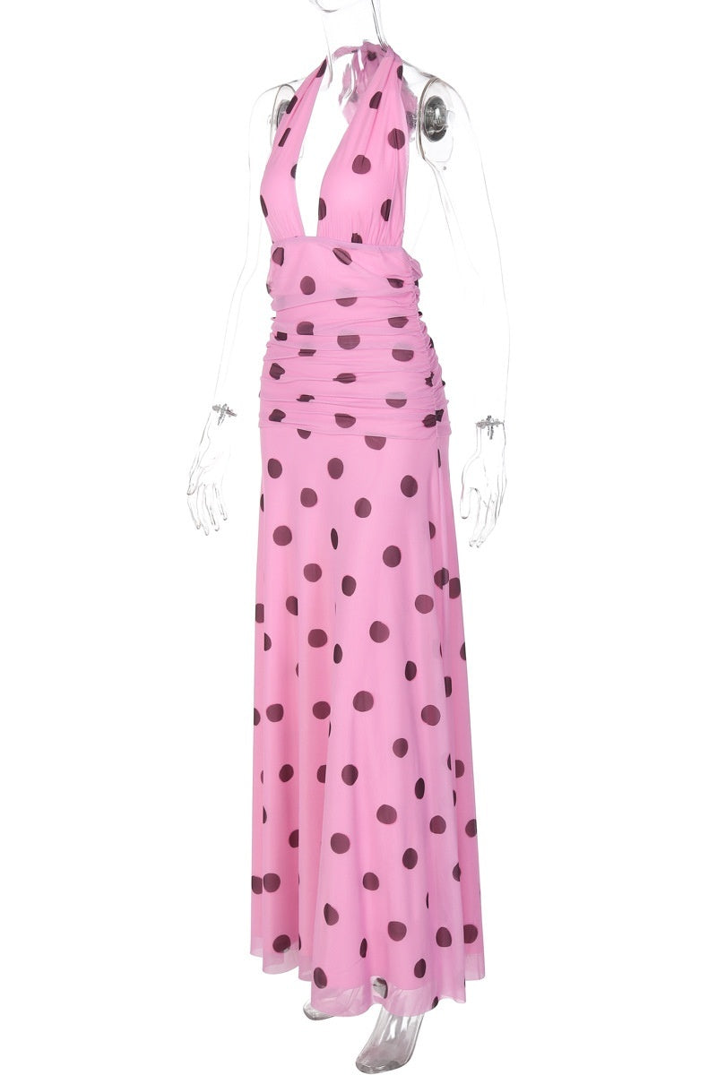 Pink Polka Dot Halter Long Dress