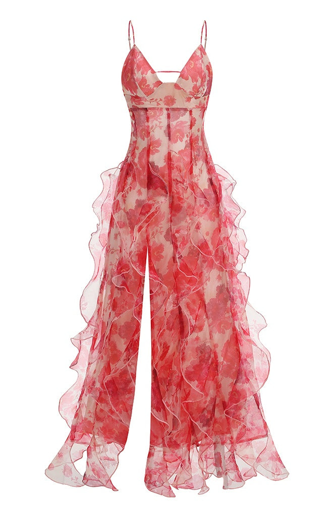 Blue Floral Straps Ruffle Slit Dress