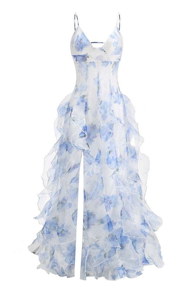 Blue Floral Straps Ruffle Slit Dress