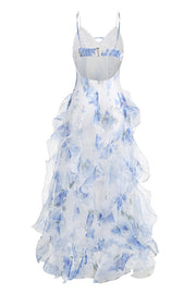 Blue Floral Straps Ruffle Slit Dress