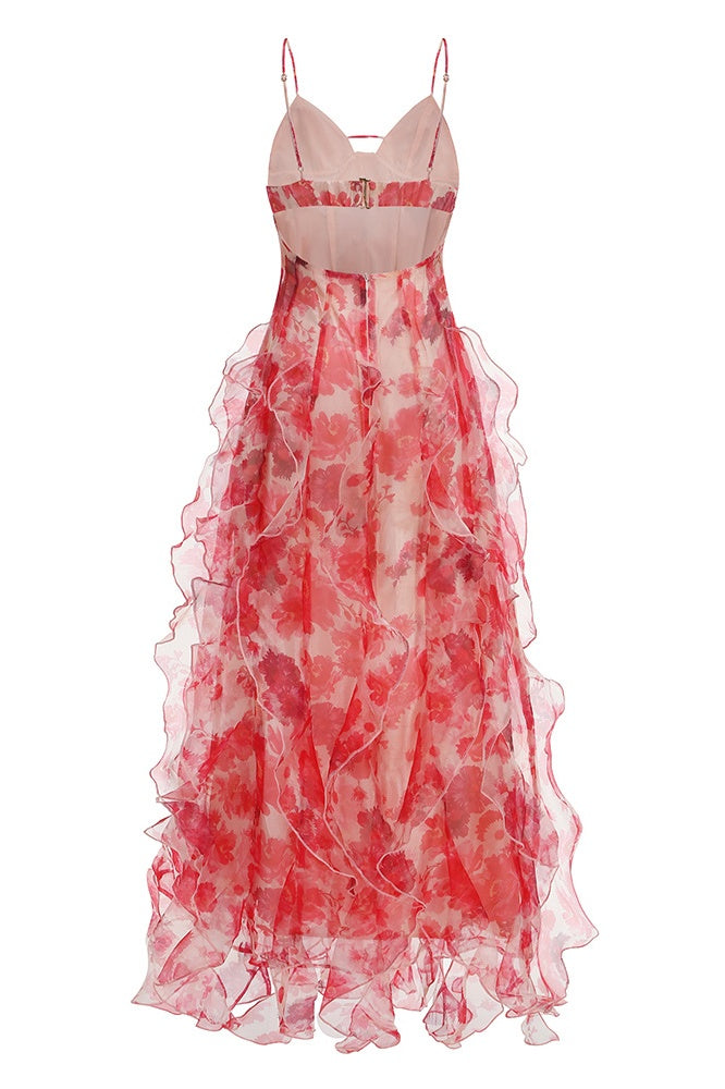 Blue Floral Straps Ruffle Slit Dress