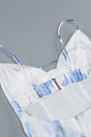 Blue Floral Straps Ruffle Slit Dress