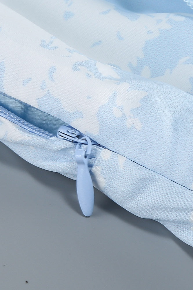 Blue Floral Straps Ruffle Slit Dress